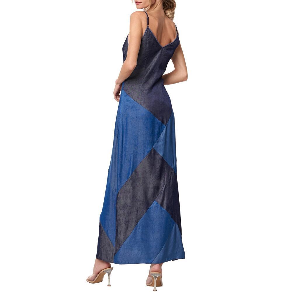 CIEBON Derica Patchwork Slip Dress Blue Satin Maxi Midi V-Neck Slipdress - Picture 2 of 14